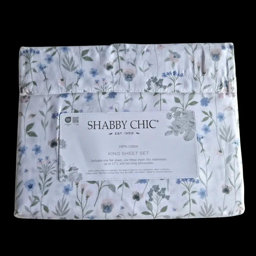Shabby Chic 4pc Cottagecore Multi Floral Cotton King Sheet‎ Set White Background